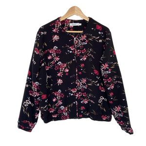 RICKIS BLACK AND PINK LIGHT BOMBER STYLE ZIP UP JACKET WITH ELASTICATED WAIST, L